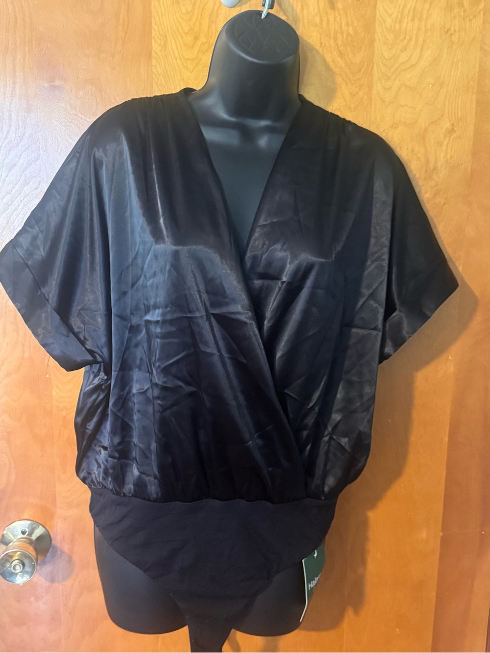Halara Black Satin Wrap-Front Women's bodysuit Top Large-NWT